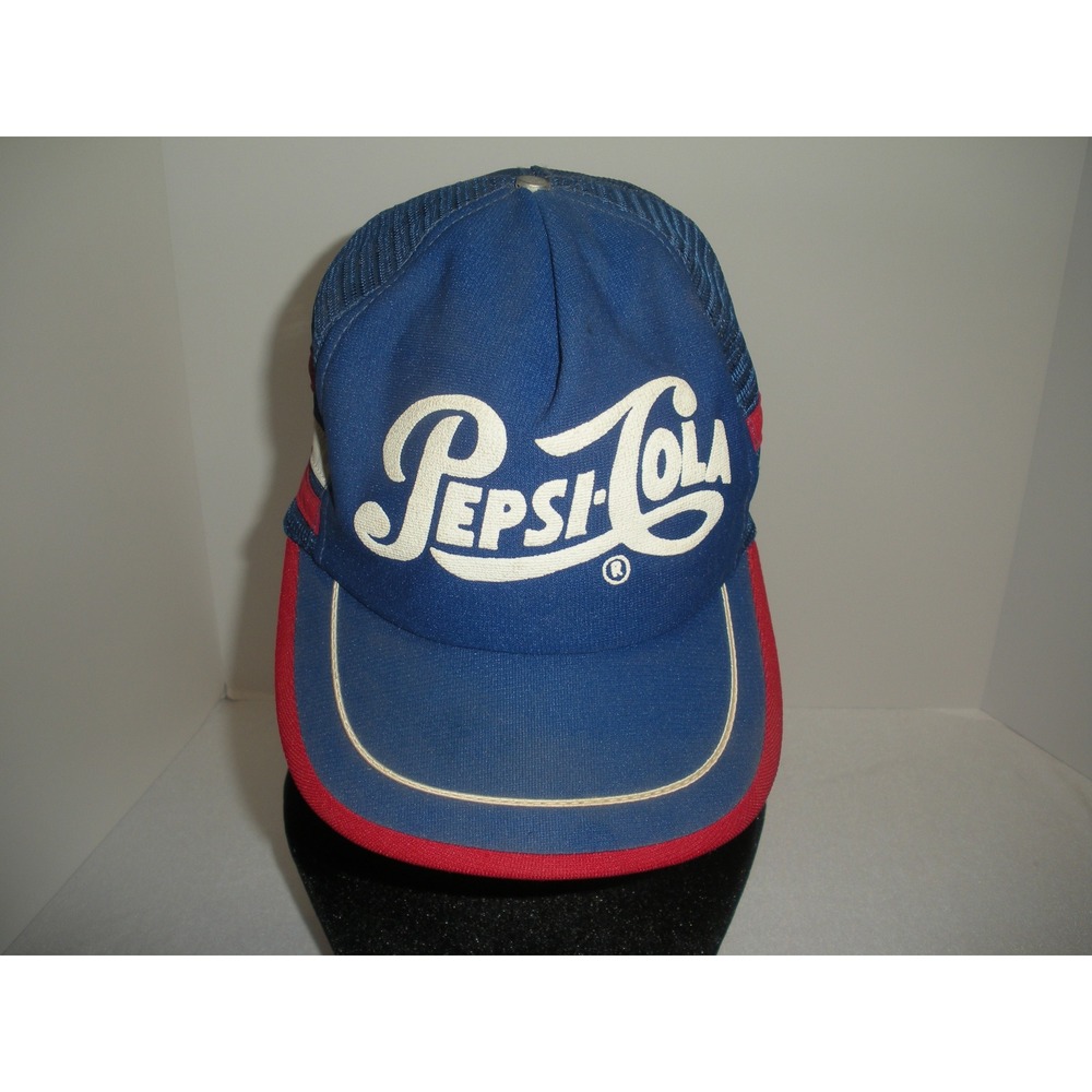 Vintage Pepsi-Cola Trucker Hat Blue Red Mesh Snapback 80s Made in USA